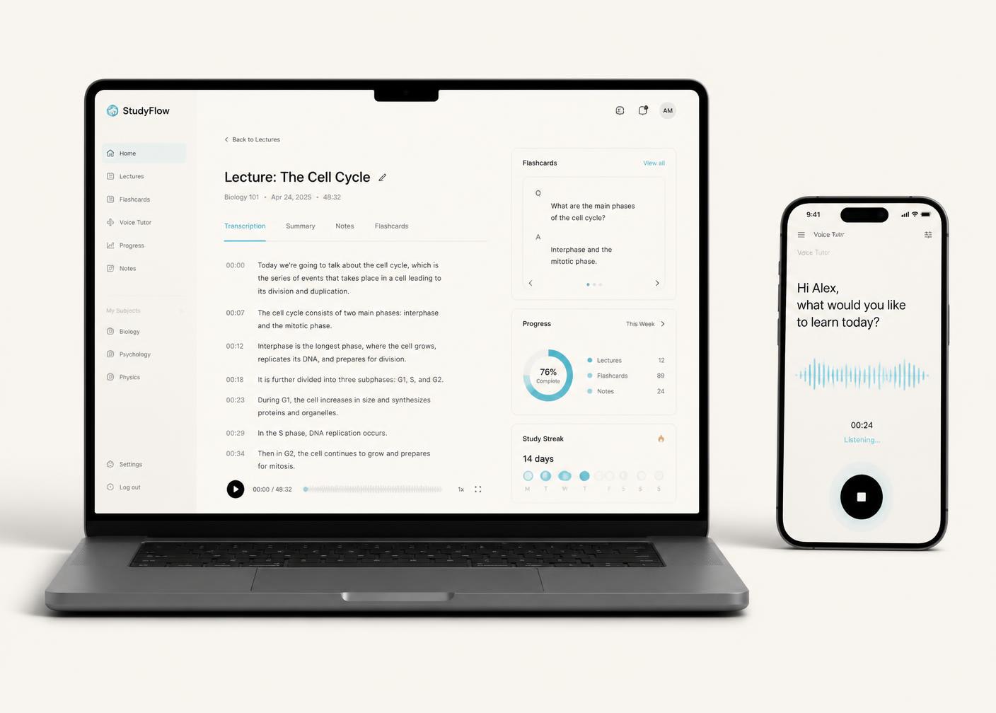 Web App de Inkluyo con transcripción de clase, flashcards y agente de voz móvil